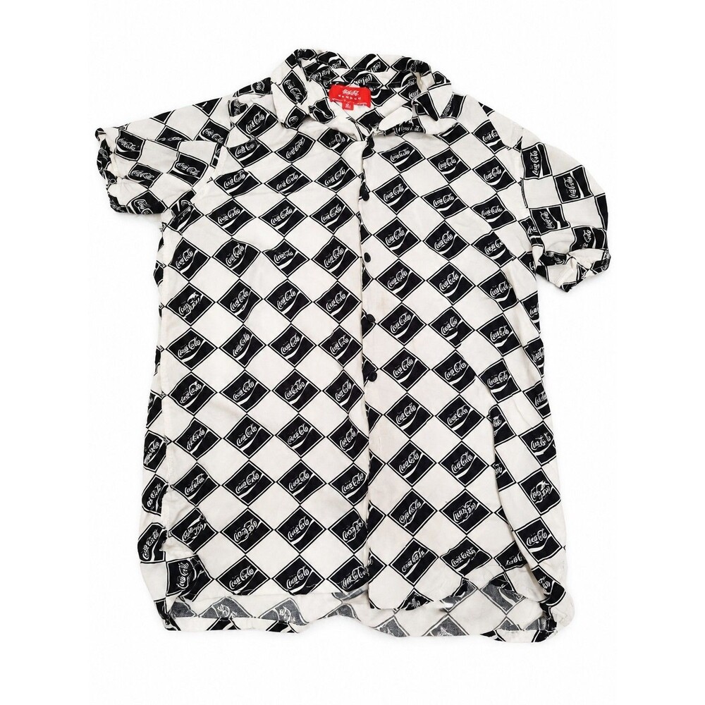 PacSun Coca-Cola Shirt Medium Black White Checkerboard Short Sleeve Button Up